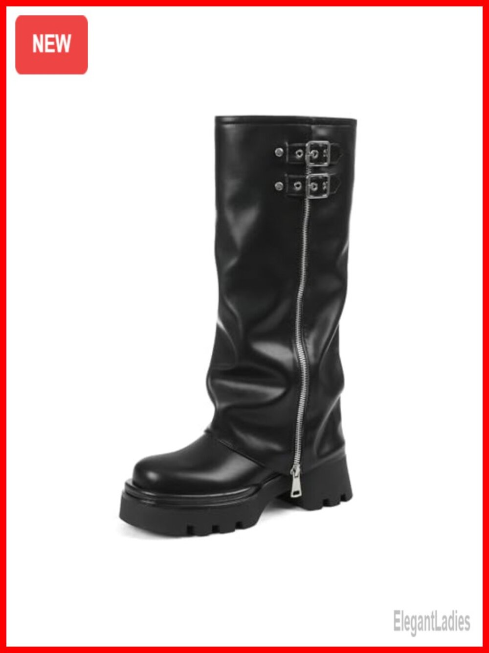 Faux Leather Platform Knee High Fold Over Boots Women Combat Moto